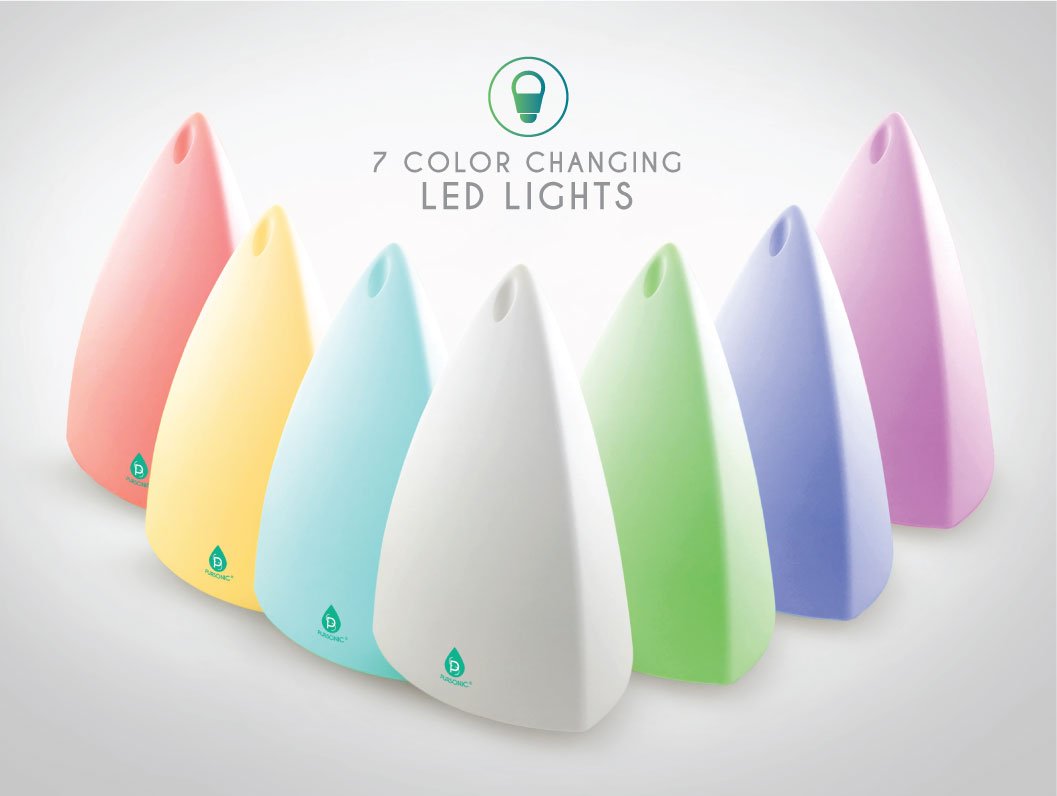 Pursonic Aromatherapy Diffuser with essential oil set, featuring a sleek design and colorful LED lights.