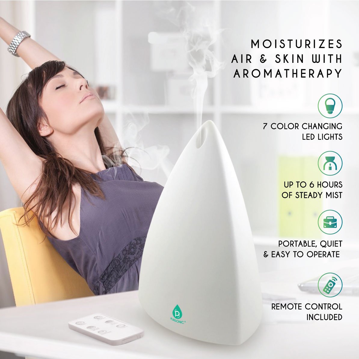 Pursonic Aromatherapy Diffuser with essential oil set, featuring a sleek design and colorful LED lights.