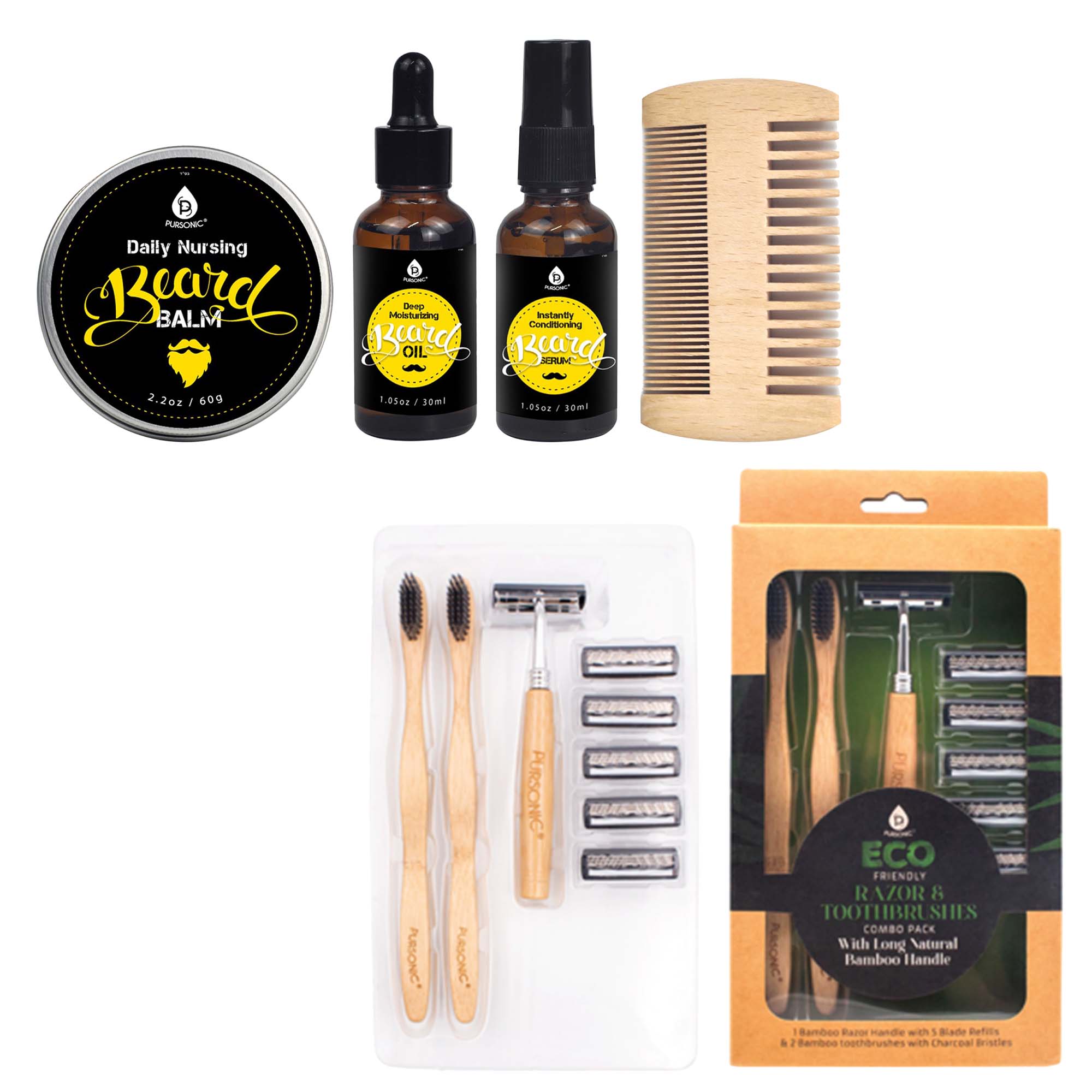 Pursonic Beard Care Grooming Kit with Eco Friendly Razor and Bamboo Toothbrushes, showcasing sustainable grooming products.