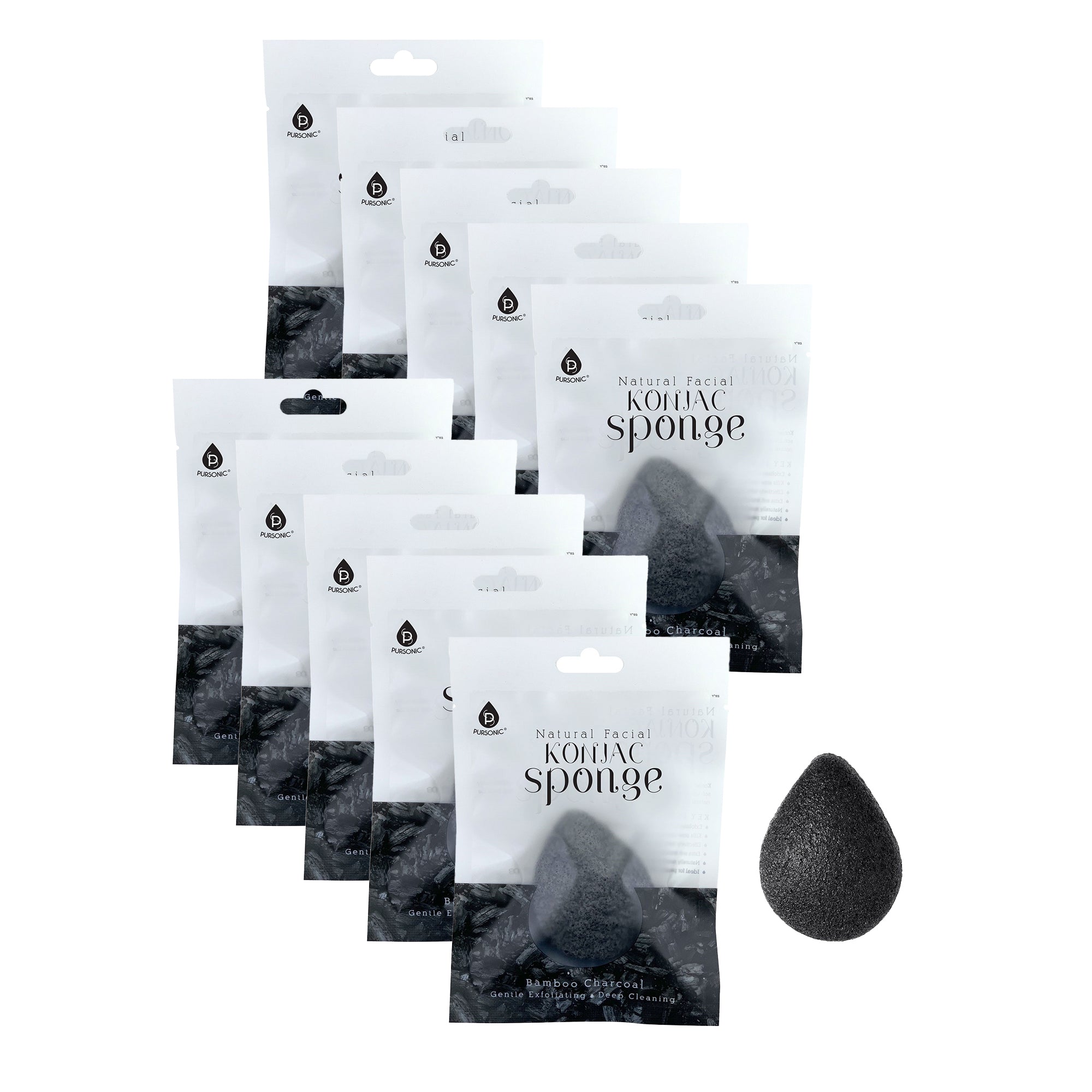 Pursonic Natural Bamboo Charcoal Konjac Sponge 10-Pack, featuring soft, natural sponges for gentle skin cleansing and exfoliation.