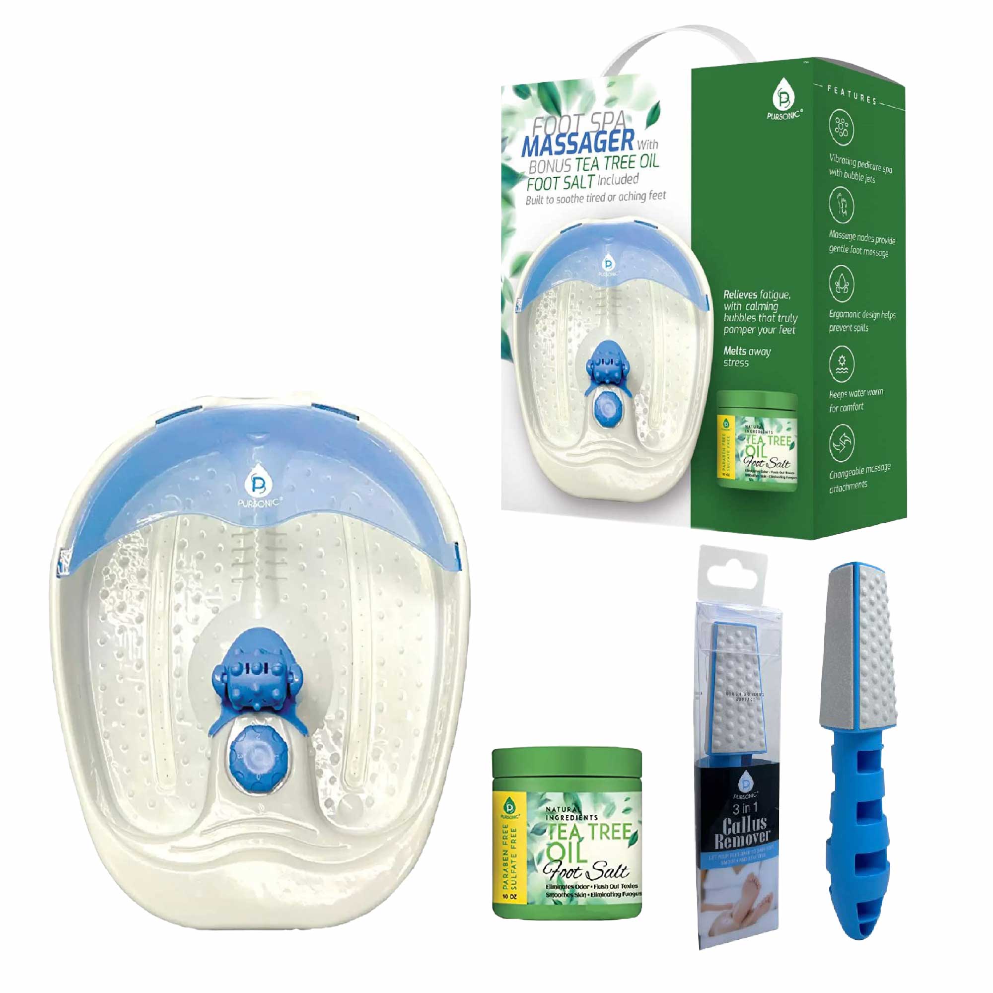 Pursonic Soothing Foot Spa Massager with Tea Tree Salt Scrub, featuring vibrating jets and grinding surfaces for foot care.