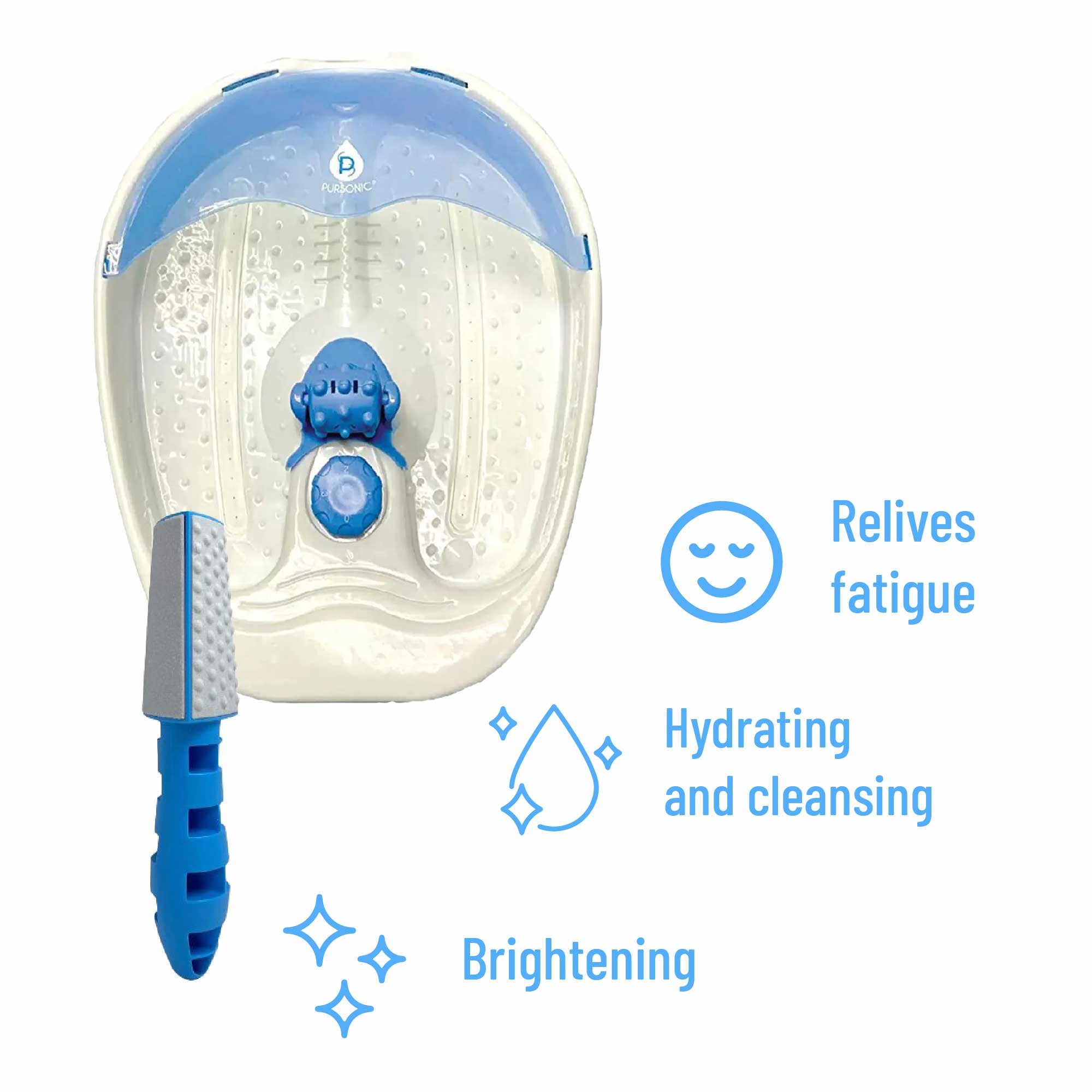 Pursonic Soothing Foot Spa Massager with Tea Tree Salt Scrub, featuring vibrating jets and grinding surfaces for foot care.