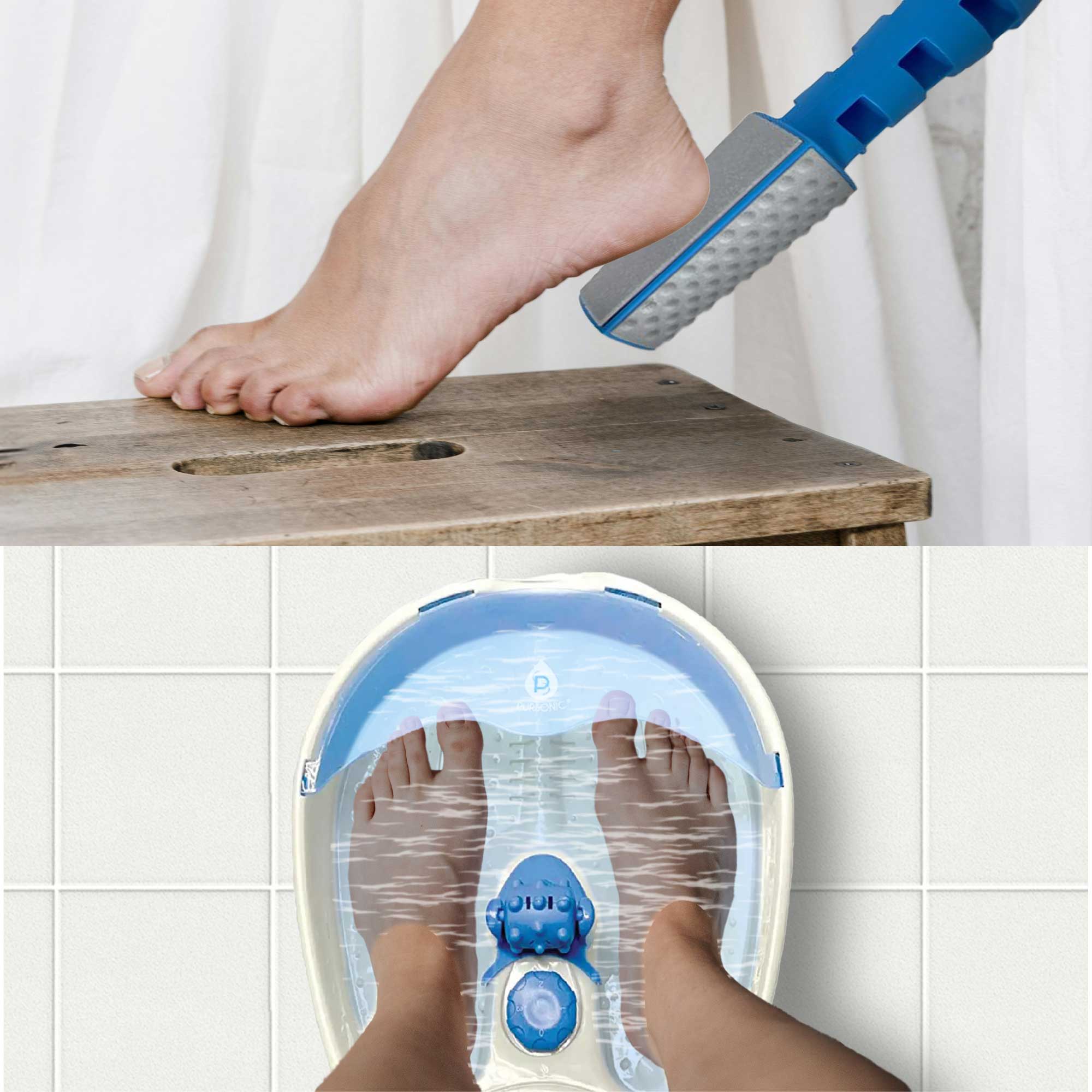 Pursonic Soothing Foot Spa Massager with Tea Tree Salt Scrub, featuring vibrating jets and grinding surfaces for foot care.