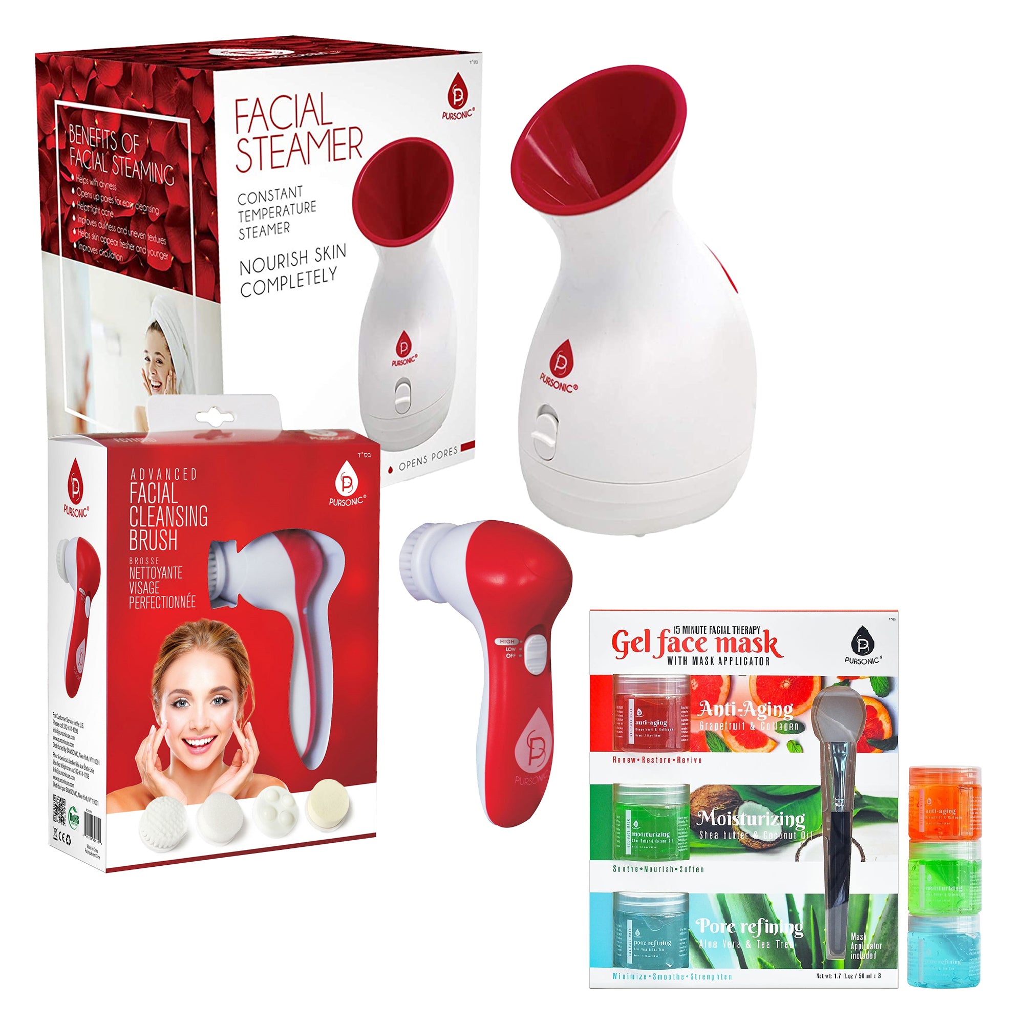Pursonic Spa Facial Care Bundle including facial steamer, cleansing brush, and gel masks for skincare.