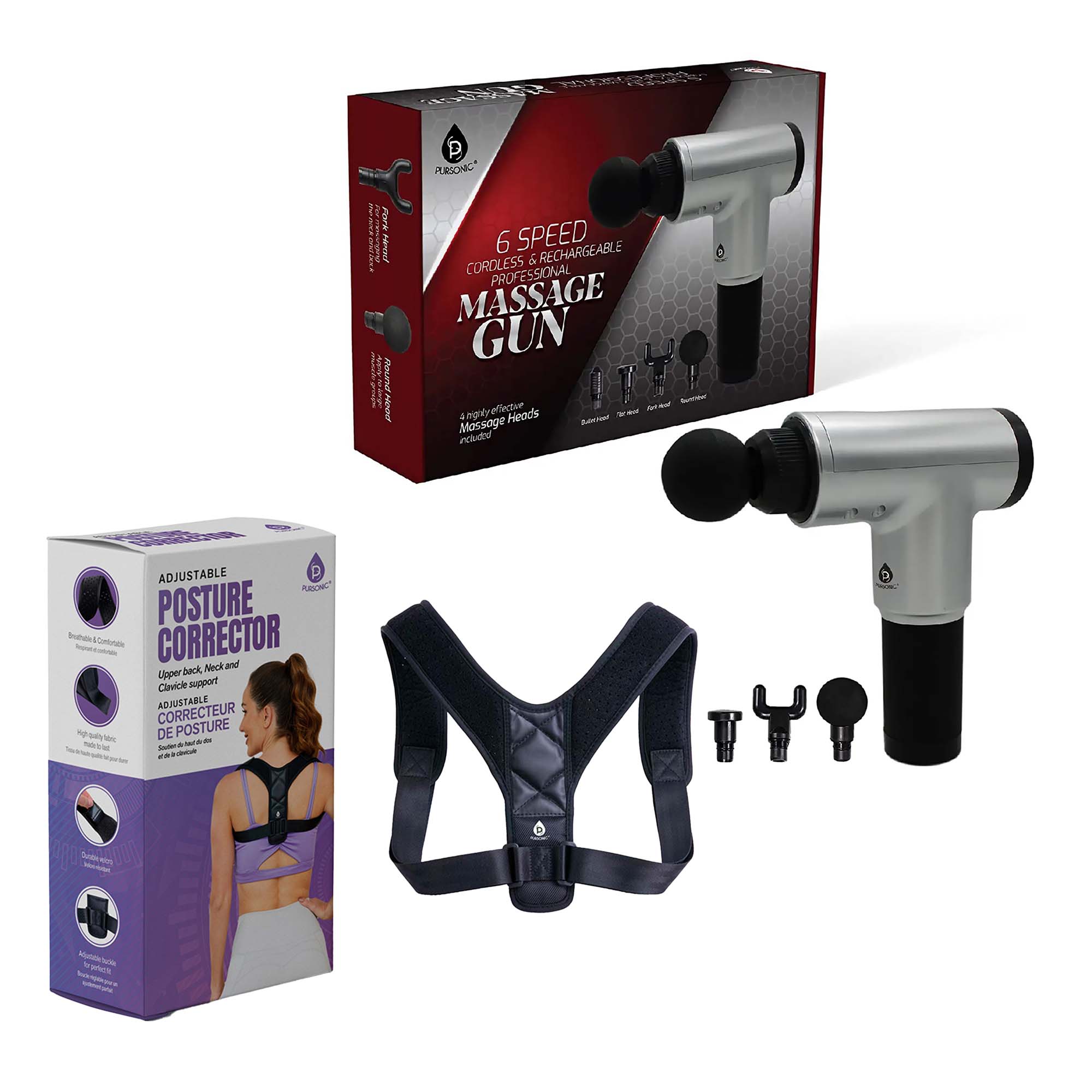 Pursonic Ultimate Pain Relief and Posture Support Bundle featuring an adjustable posture corrector and a cordless massage gun.