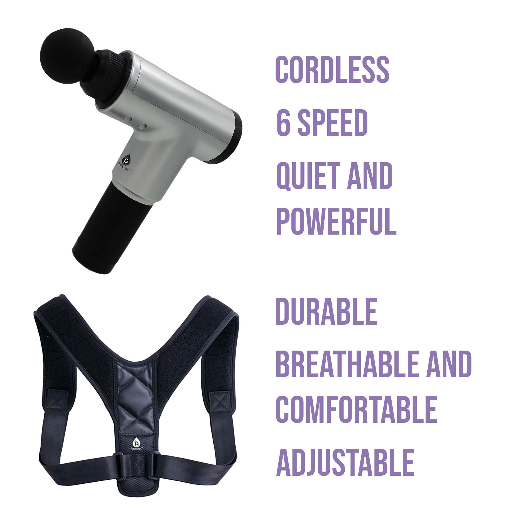 Pursonic Ultimate Pain Relief and Posture Support Bundle featuring an adjustable posture corrector and a cordless massage gun.