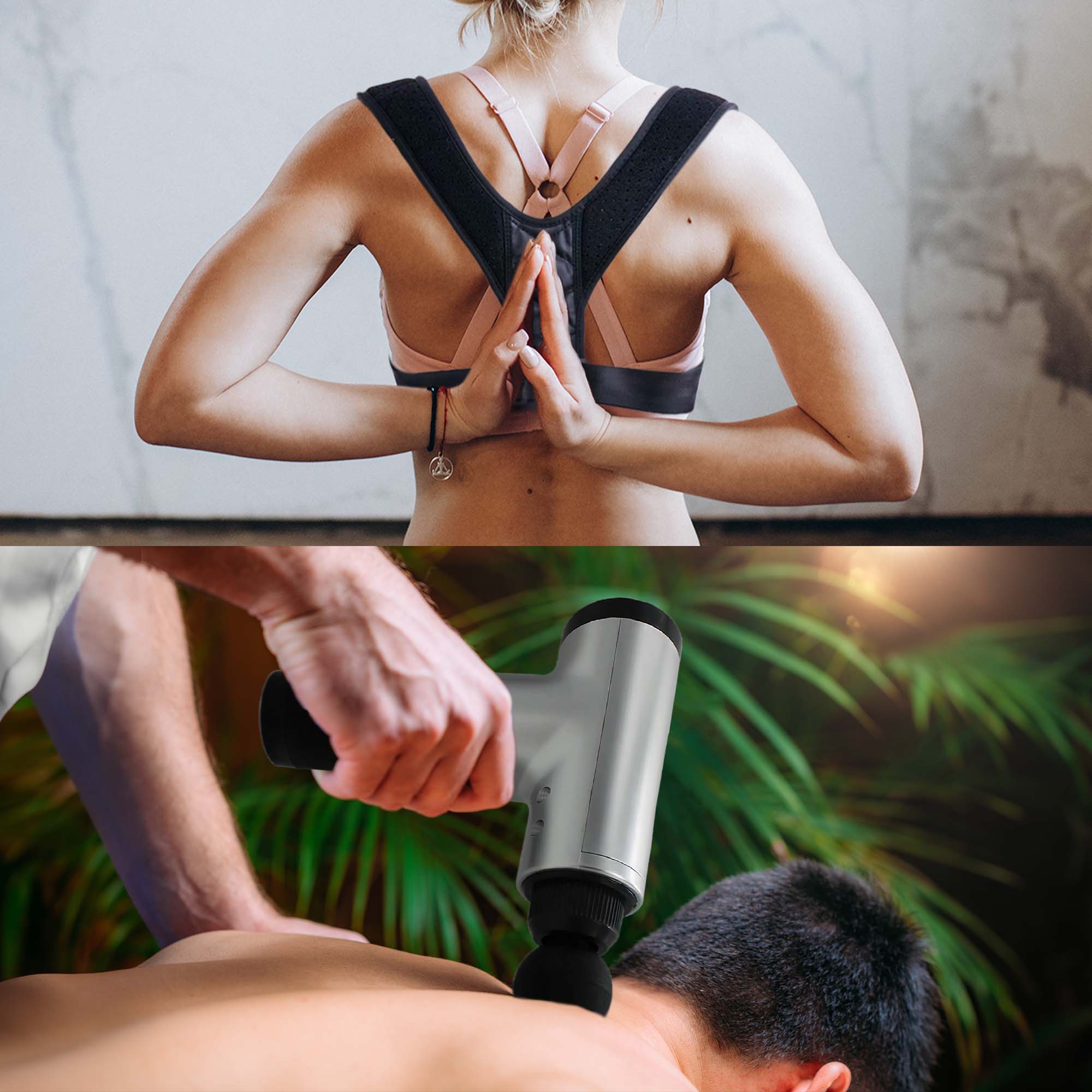 Pursonic Ultimate Pain Relief and Posture Support Bundle featuring an adjustable posture corrector and a cordless massage gun.