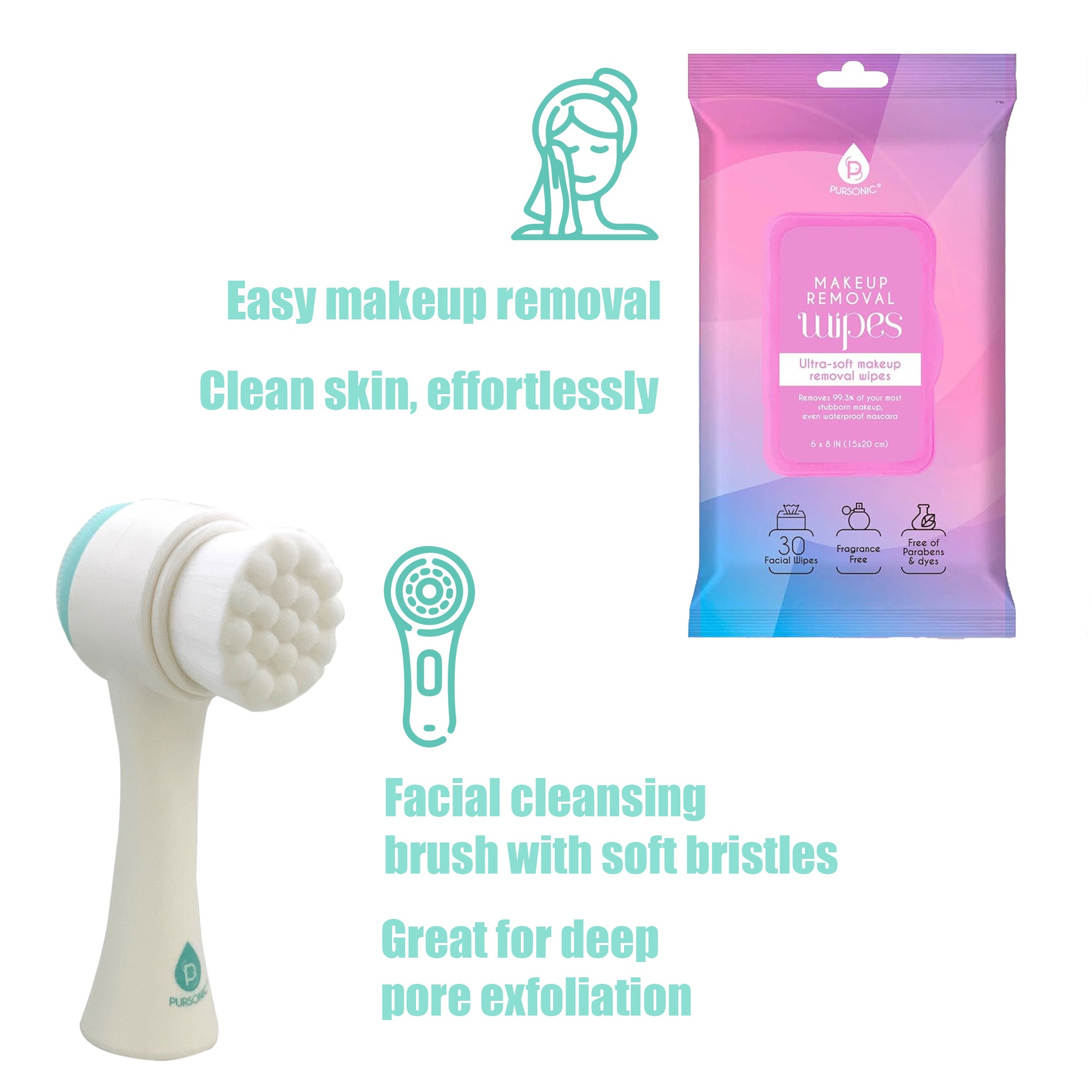 Pursonic Radiant Beauty Bundle featuring a dual-sided facial cleansing brush and makeup removal wipes, showcasing their soft bristles and silicone pad.