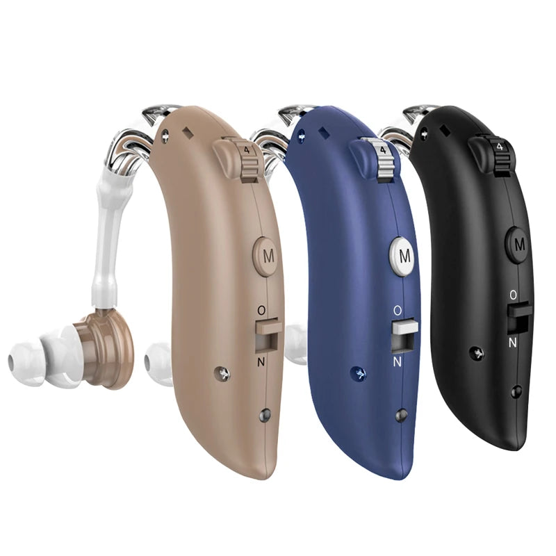 Rechargeable USB Hearing Aid designed for elderly, featuring a behind-the-ear design for comfort and sound amplification.