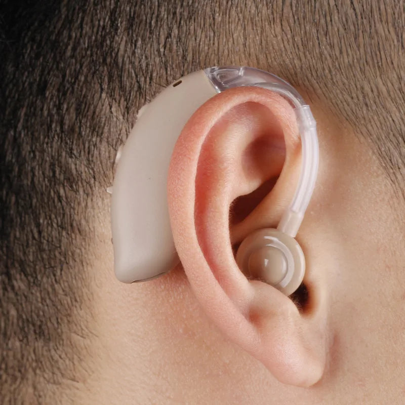Rechargeable USB Hearing Aid designed for elderly, featuring a behind-the-ear design for comfort and sound amplification.