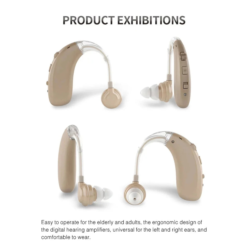 Rechargeable USB Hearing Aid designed for elderly, featuring a behind-the-ear design for comfort and sound amplification.