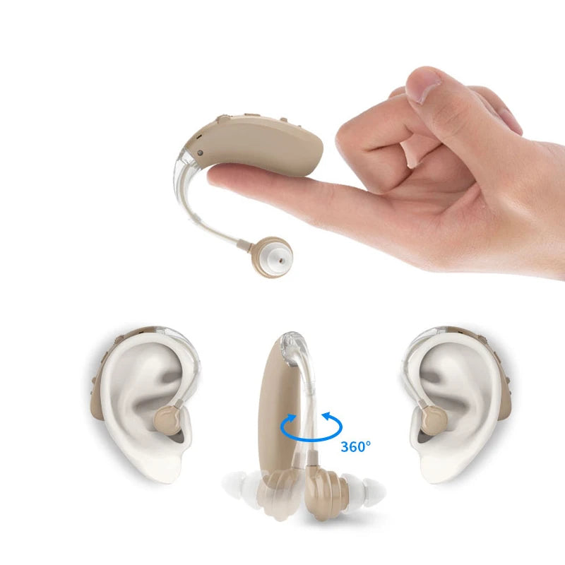 Rechargeable USB Hearing Aid designed for elderly, featuring a behind-the-ear design for comfort and sound amplification.