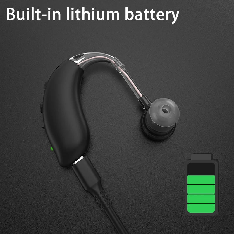 Rechargeable USB Hearing Aid designed for elderly, featuring a behind-the-ear design for comfort and sound amplification.