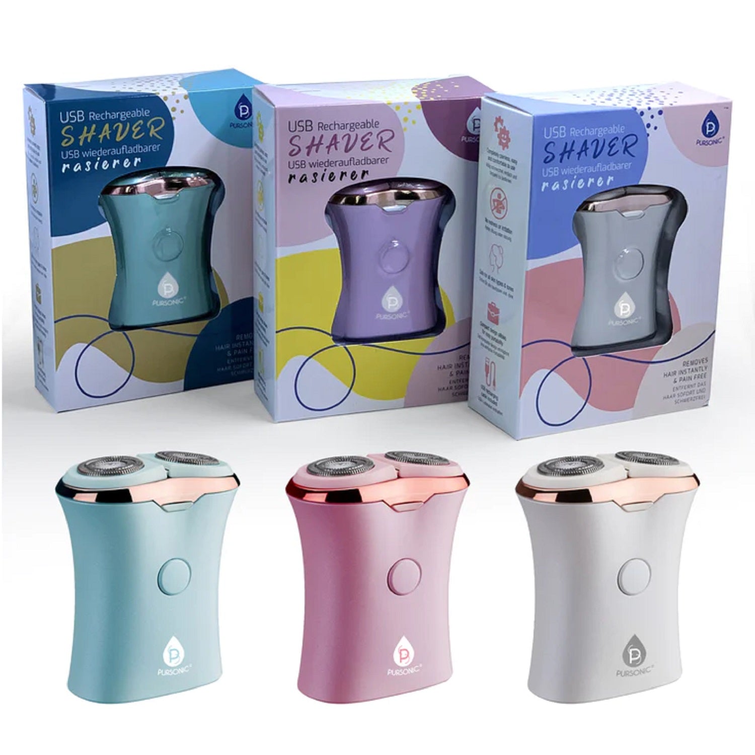 Rechargeable USB Ladies Shaver in three colors: baby blue, white, and pink, showcasing its compact design and USB charging feature.