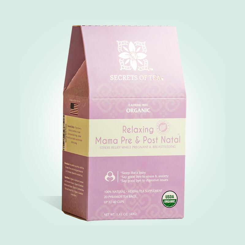 A box of RelaxCalm Organic Herbal Tea featuring a blend of lavender, chamomile, and other organic ingredients for stress relief and sleep support.