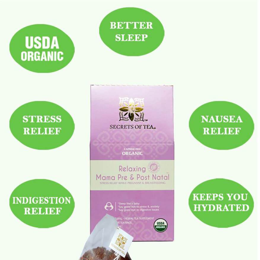 A box of RelaxCalm Organic Herbal Tea featuring a blend of lavender, chamomile, and other organic ingredients for stress relief and sleep support.