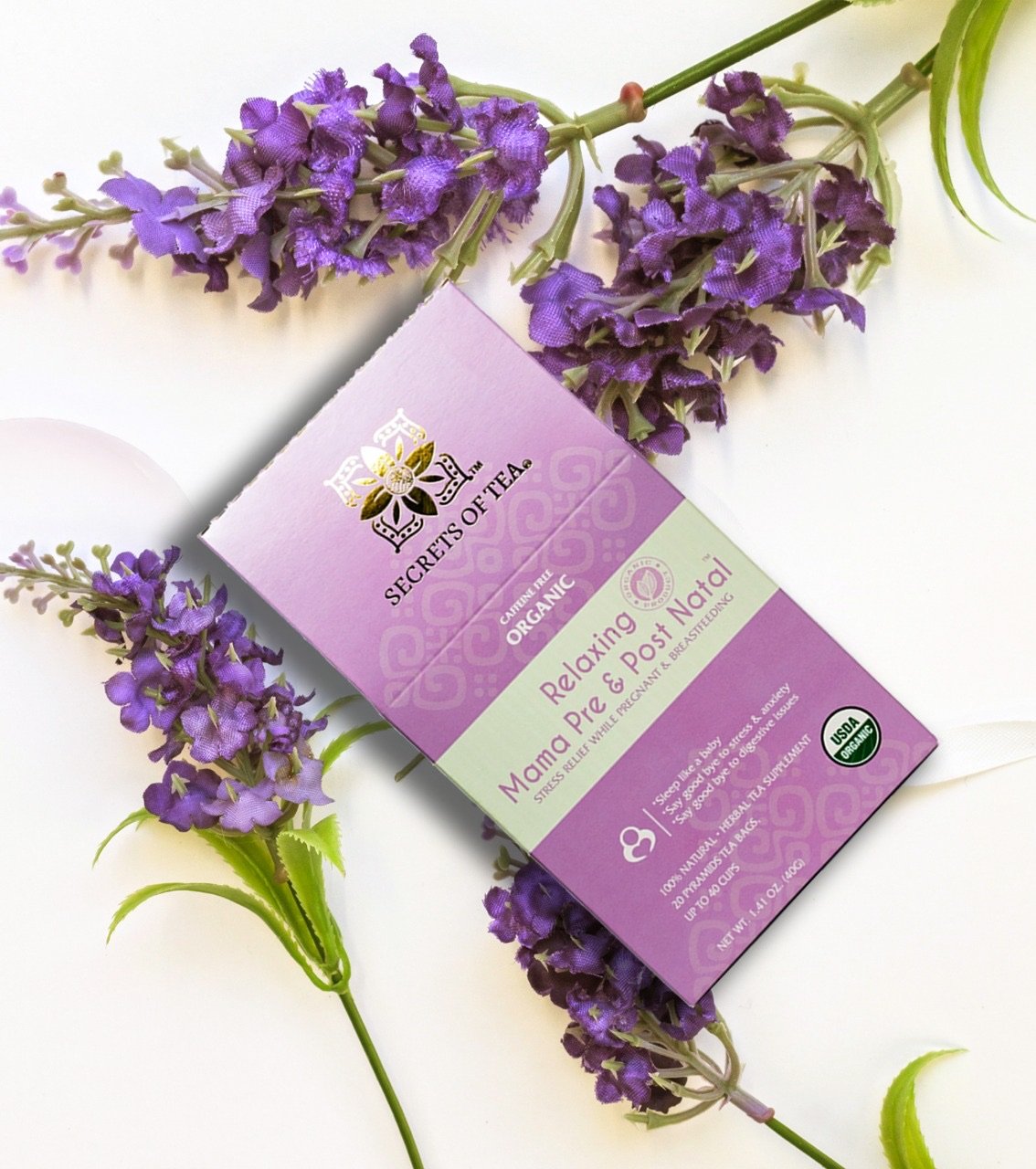 A box of RelaxCalm Organic Herbal Tea featuring a blend of lavender, chamomile, and other organic ingredients for stress relief and sleep support.