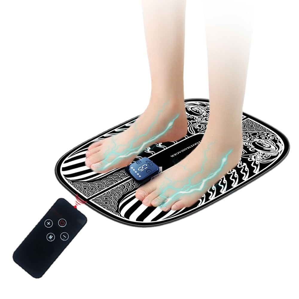 Remote Control Electric Feet Massage Mat with remote control and USB charging cable, designed for muscle stimulation and pain relief.