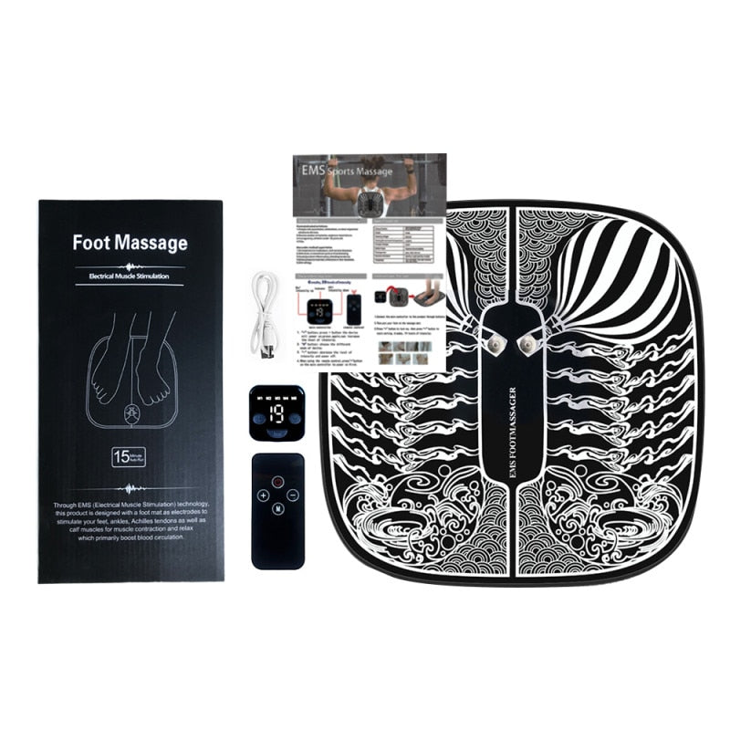 Remote Control Electric Feet Massage Mat with remote control and USB charging cable, designed for muscle stimulation and pain relief.