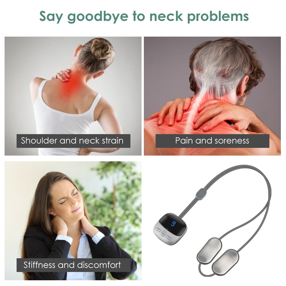 Remote Smart Neck Shoulder EMS Muscle Massager in silver, designed for muscle relaxation and pain relief with ergonomic electrode pads.