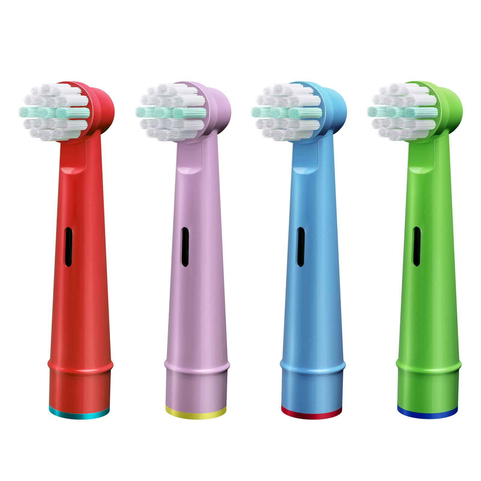 A set of replacement toothbrush heads compatible with Oral B, featuring durable DuPont bristles and color-coded rings for family use.