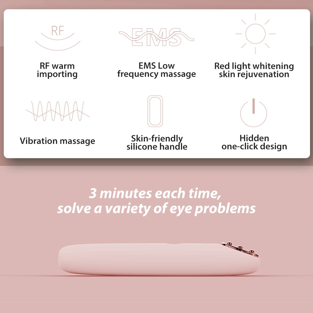 RF Radio Frequency Eye Massager in pink, designed for anti-aging and wrinkle reduction, featuring a sleek and ergonomic design.