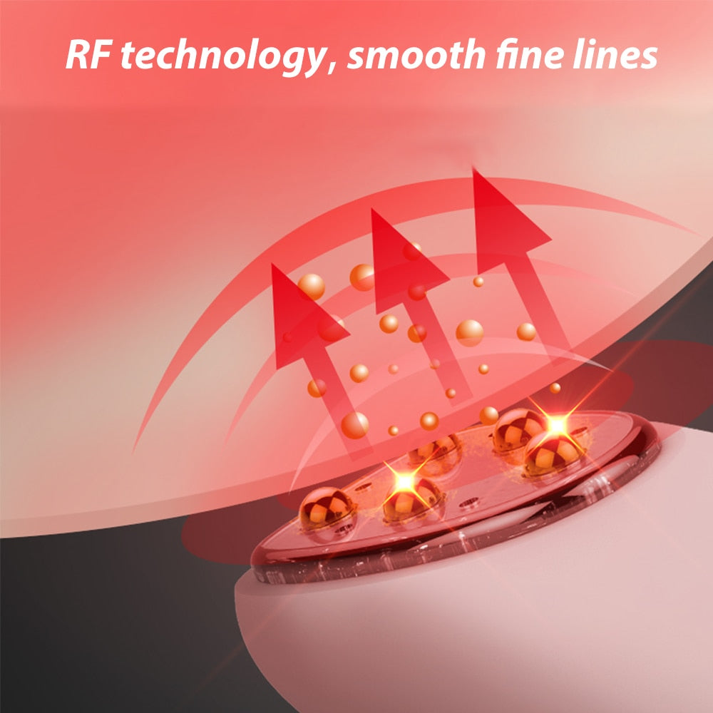 RF Radio Frequency Eye Massager in pink, designed for anti-aging and wrinkle reduction, featuring a sleek and ergonomic design.