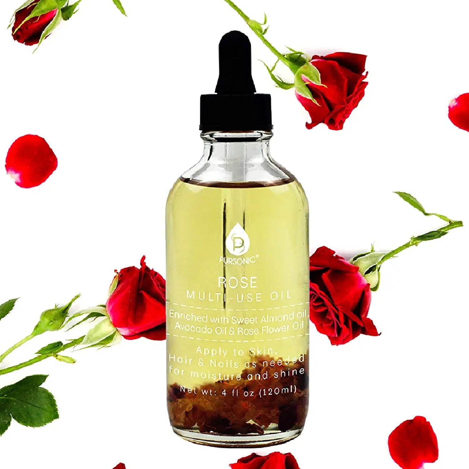 A bottle of Rose flower Multi Use Body Oils showcasing its elegant design and natural ingredients, perfect for skincare and hair care.