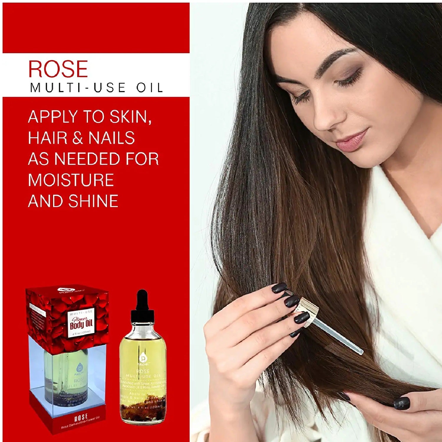 A bottle of Rose flower Multi Use Body Oils showcasing its elegant design and natural ingredients, perfect for skincare and hair care.