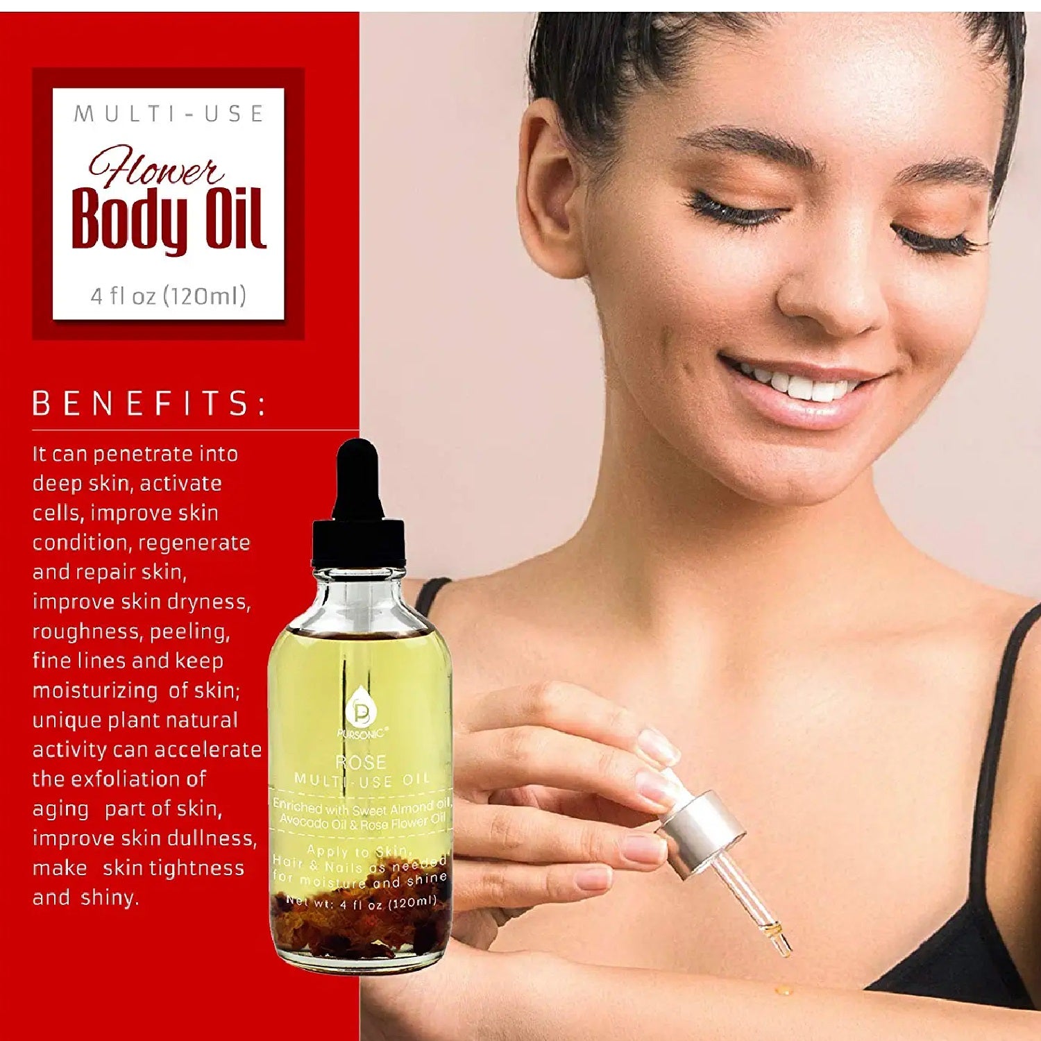 A bottle of Rose flower Multi Use Body Oils showcasing its elegant design and natural ingredients, perfect for skincare and hair care.