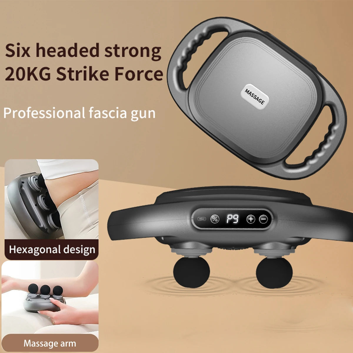 Six Head Fascia Gun Massager with multiple heads for deep tissue massage, designed for muscle relaxation and recovery.