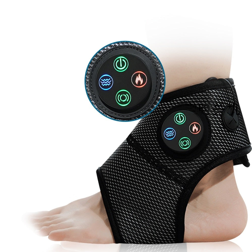 Smart Ankle Brace Foot Compression Massager in black and grey, showcasing its ergonomic design and control buttons.