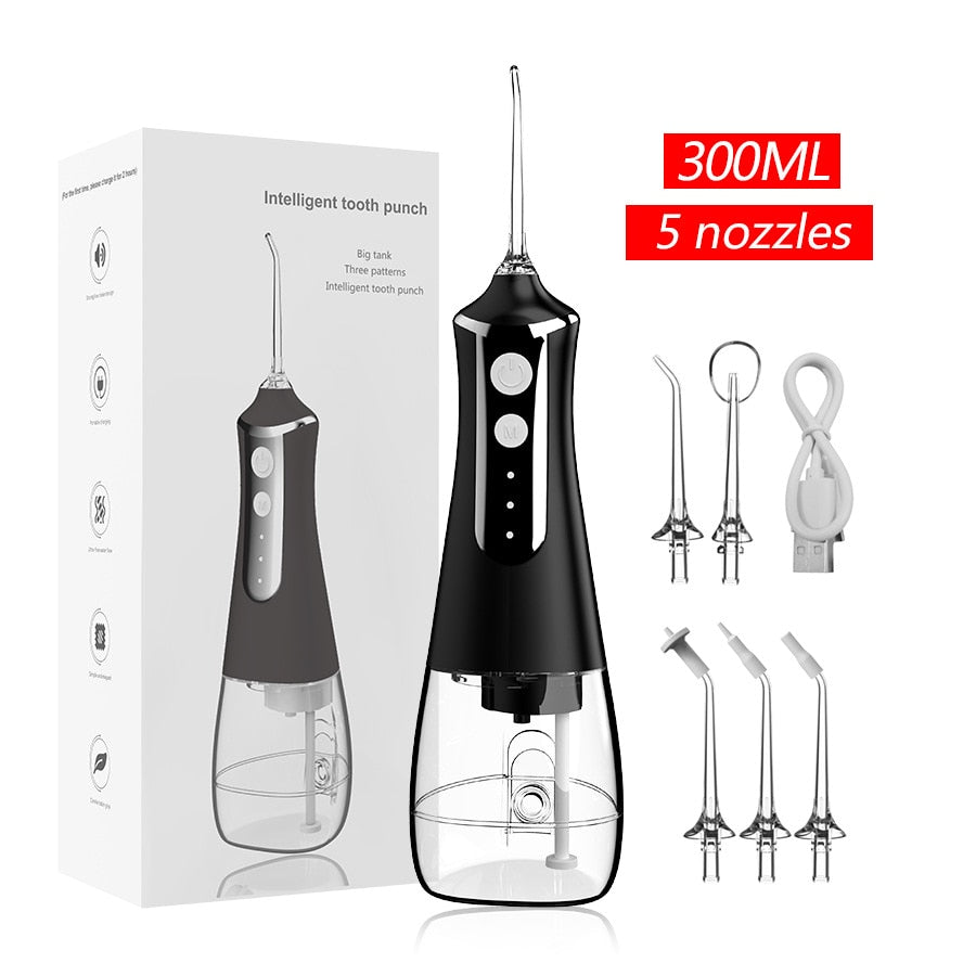 Smart Dental Water Jet Flosser with multiple nozzles and charging cable, designed for effective oral hygiene.