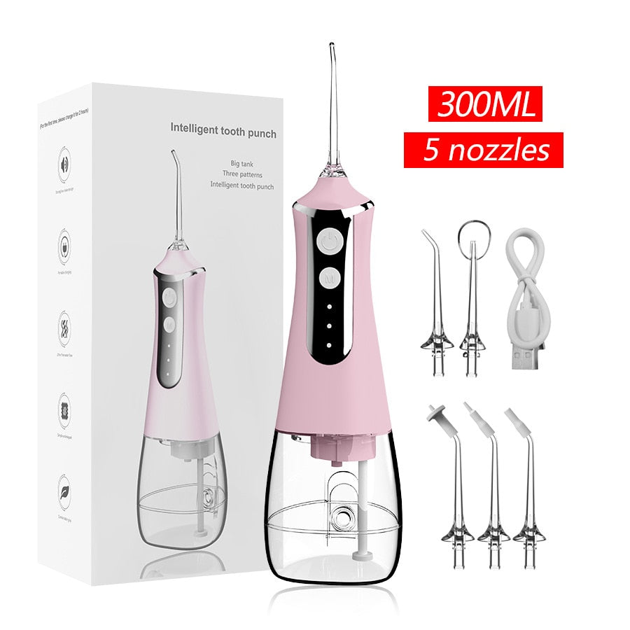 Smart Dental Water Jet Flosser with multiple nozzles and charging cable, designed for effective oral hygiene.