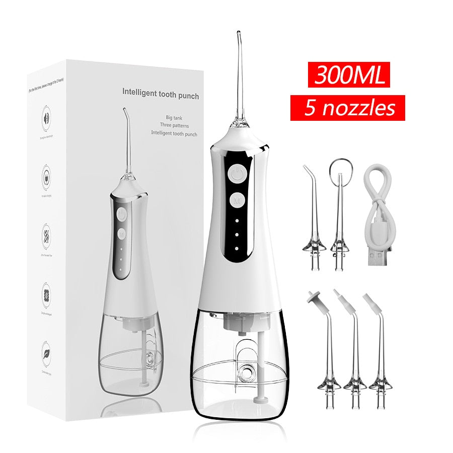Smart Dental Water Jet Flosser with multiple nozzles and charging cable, designed for effective oral hygiene.