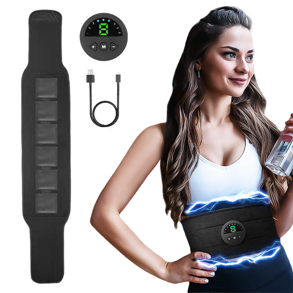 Smart EMS Fitness Vibration Belt designed for abdominal muscle training and fat burning, featuring a sleek design and USB charging capability.