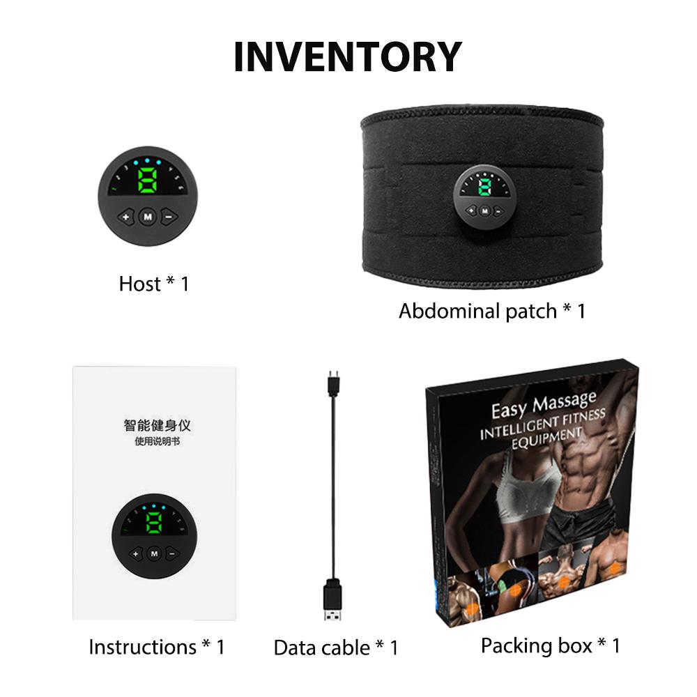 Smart EMS Fitness Vibration Belt designed for abdominal muscle training and fat burning, featuring a sleek design and USB charging capability.