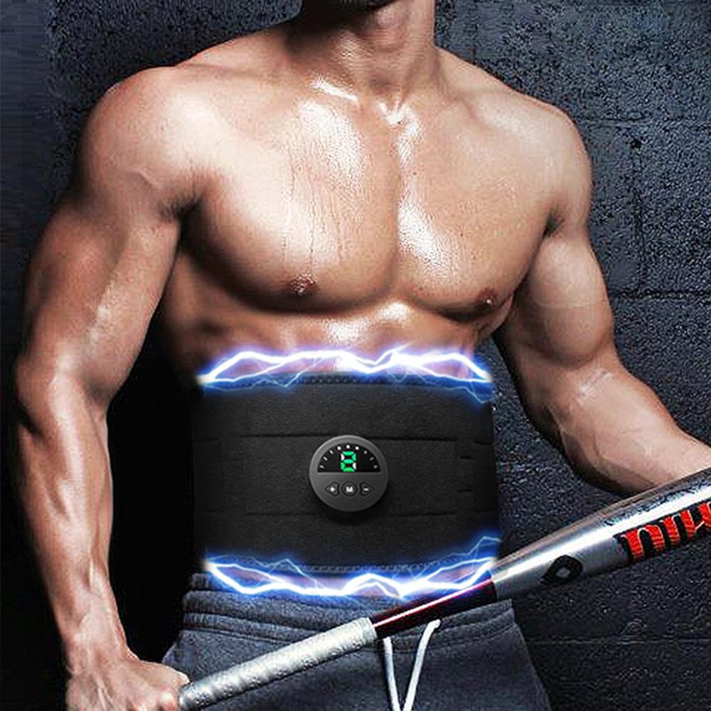 Smart EMS Fitness Vibration Belt designed for abdominal muscle training and fat burning, featuring a sleek design and USB charging capability.