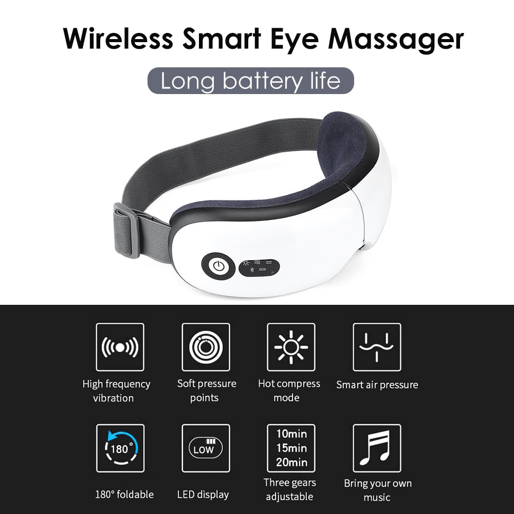 Smart Eye Massager in white and pink, showcasing its ergonomic design and foldable feature for easy portability.