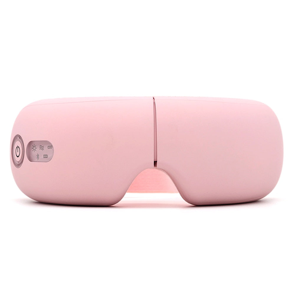 Smart Eye Massager in white and pink, showcasing its ergonomic design and foldable feature for easy portability.