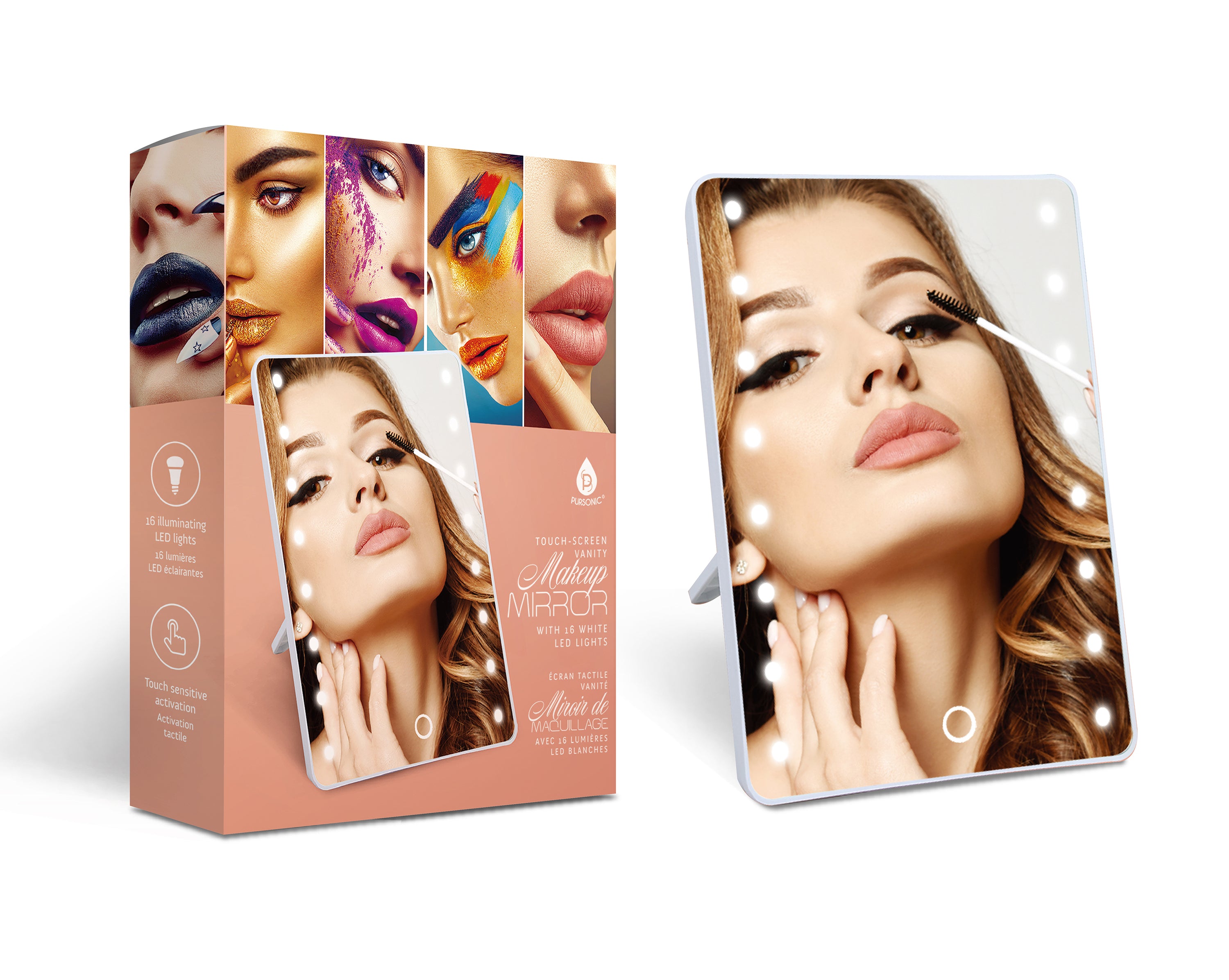 Smart Mirror Touchscreen Makeup Vanity with LED lights and adjustable angles, perfect for makeup application.