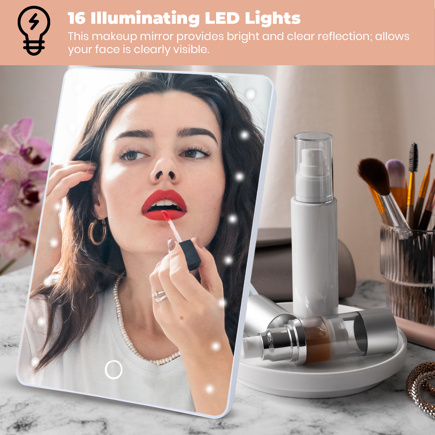 Smart Mirror Touchscreen Makeup Vanity with LED lights and adjustable angles, perfect for makeup application.