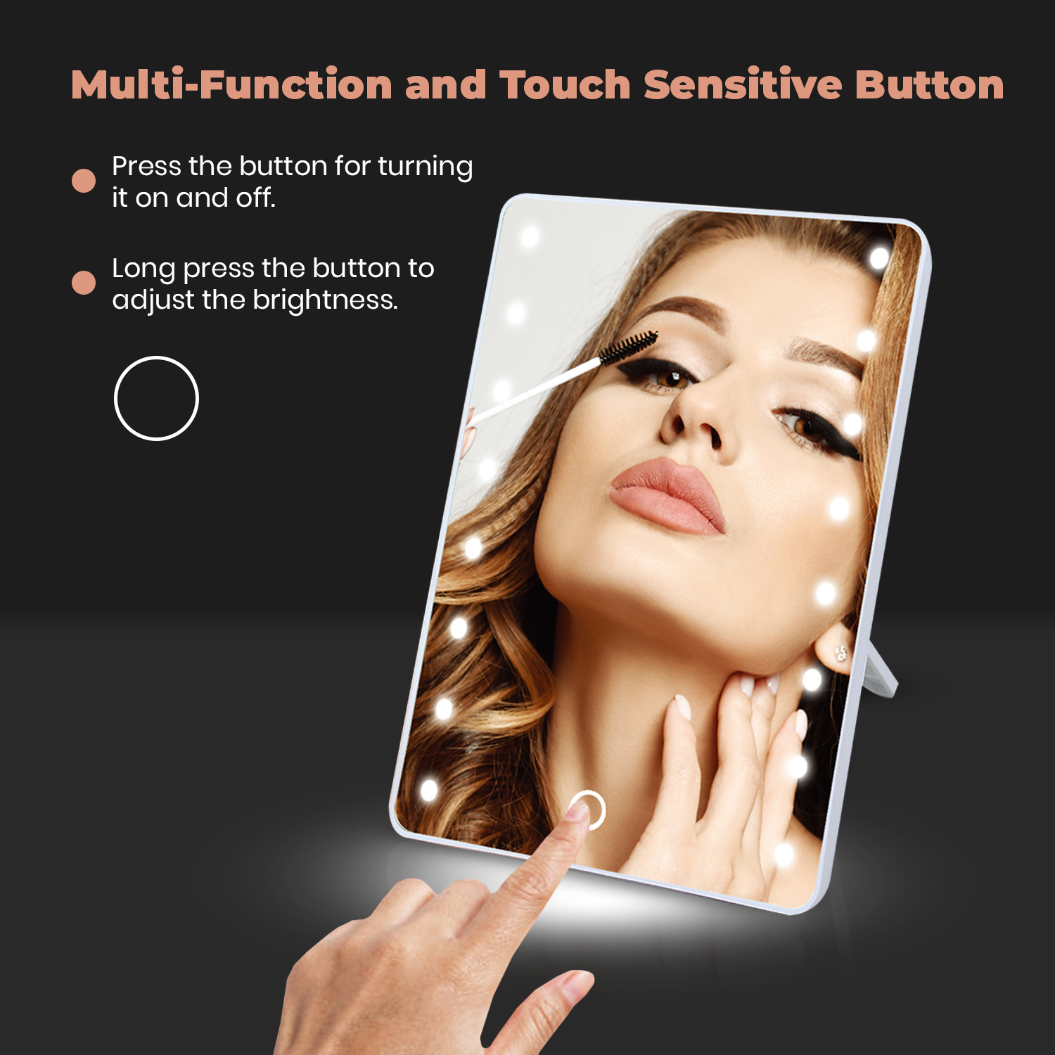 Smart Mirror Touchscreen Makeup Vanity with LED lights and adjustable angles, perfect for makeup application.