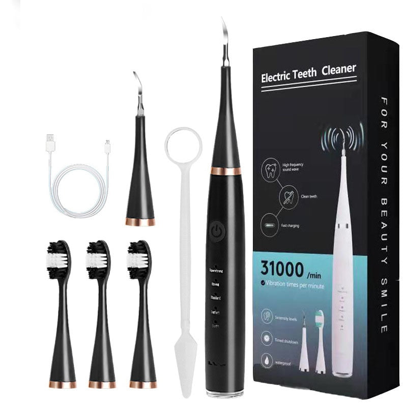 Smart Sonic Dental Scaler Electric Toothbrush with USB charging, featuring multiple heads and waterproof design.