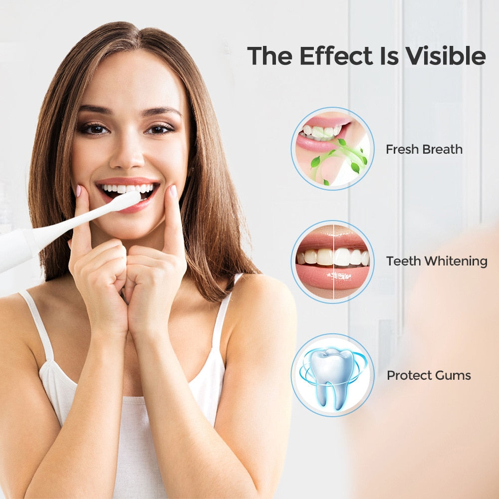 Smart Ultrasonic Electric Toothbrush with multiple modes and accessories, showcasing its sleek design and included items.