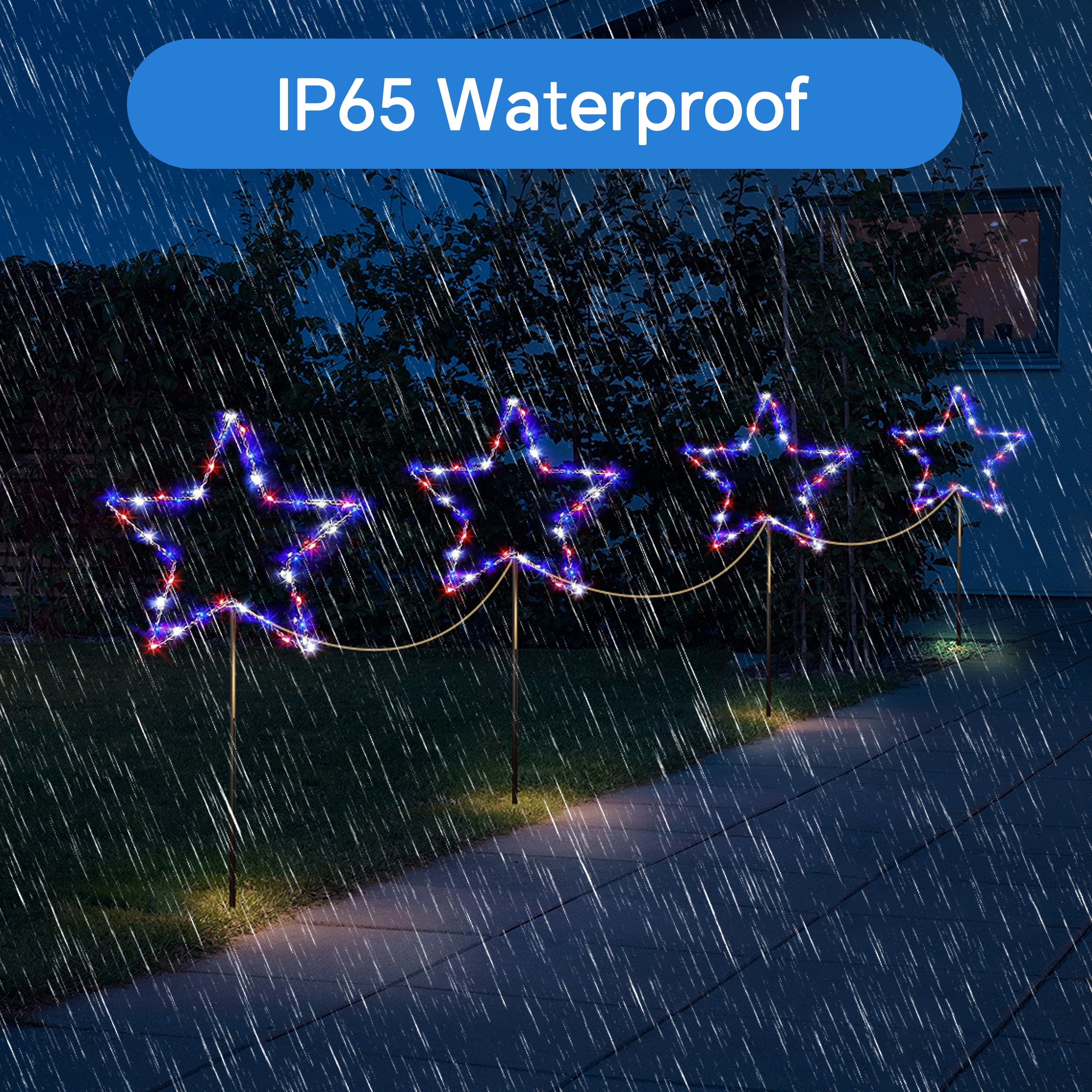 Solar Lights featuring red, white, and blue LED bulbs for patriotic outdoor decoration, ideal for Memorial Day and Independence Day.