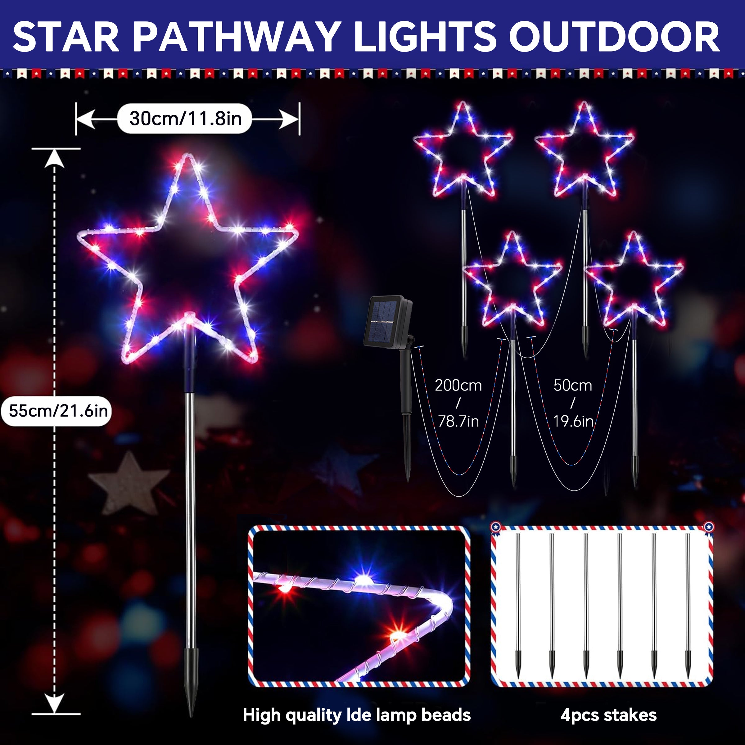 Solar Lights featuring red, white, and blue LED bulbs for patriotic outdoor decoration, ideal for Memorial Day and Independence Day.