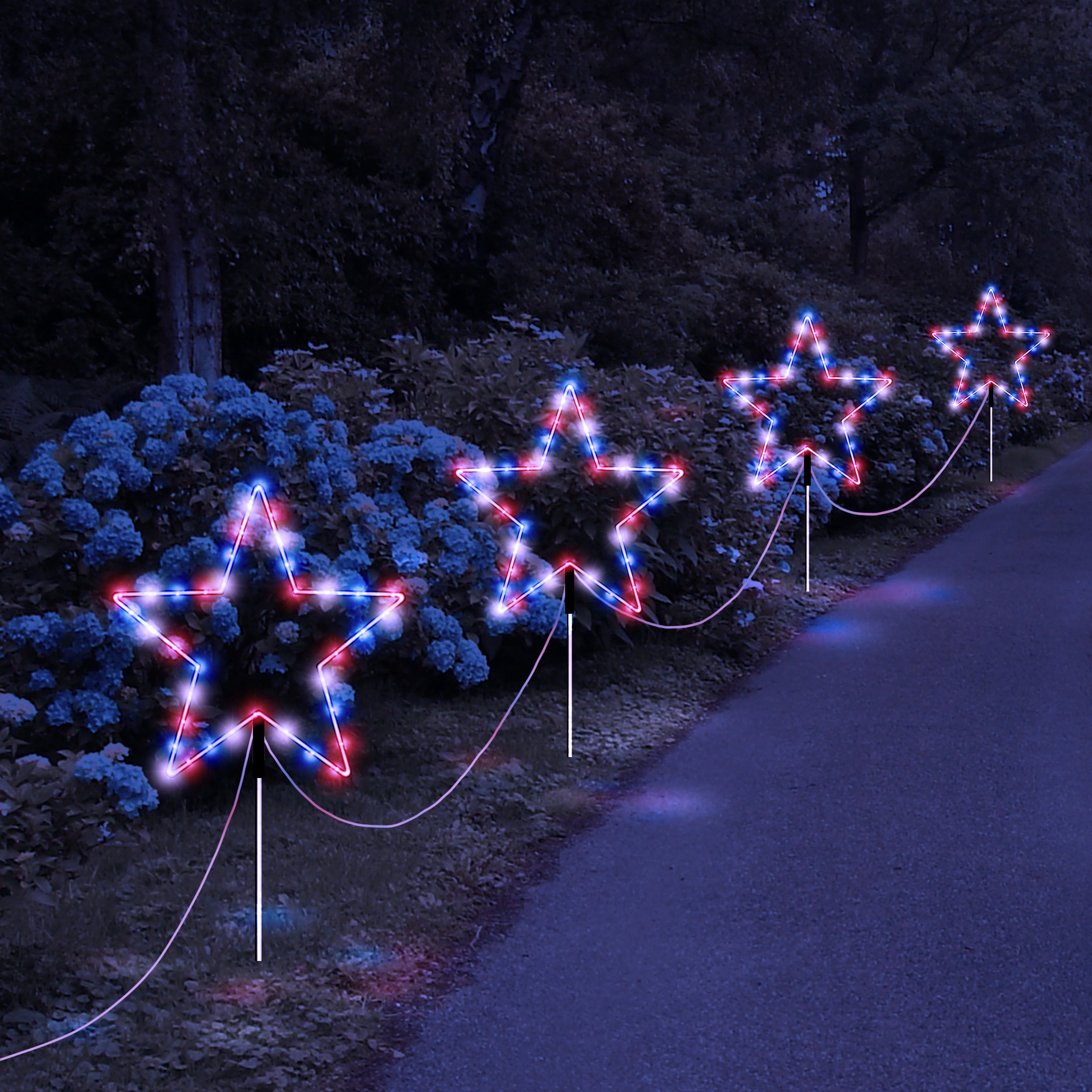 Solar Lights featuring red, white, and blue LED bulbs for patriotic outdoor decoration, ideal for Memorial Day and Independence Day.