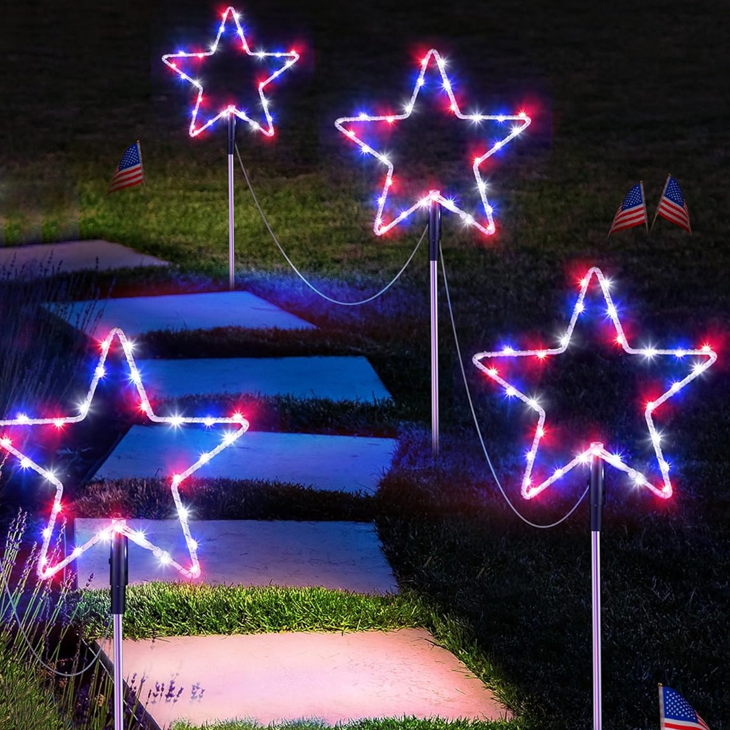 Solar Lights featuring red, white, and blue LED bulbs for patriotic outdoor decoration, ideal for Memorial Day and Independence Day.