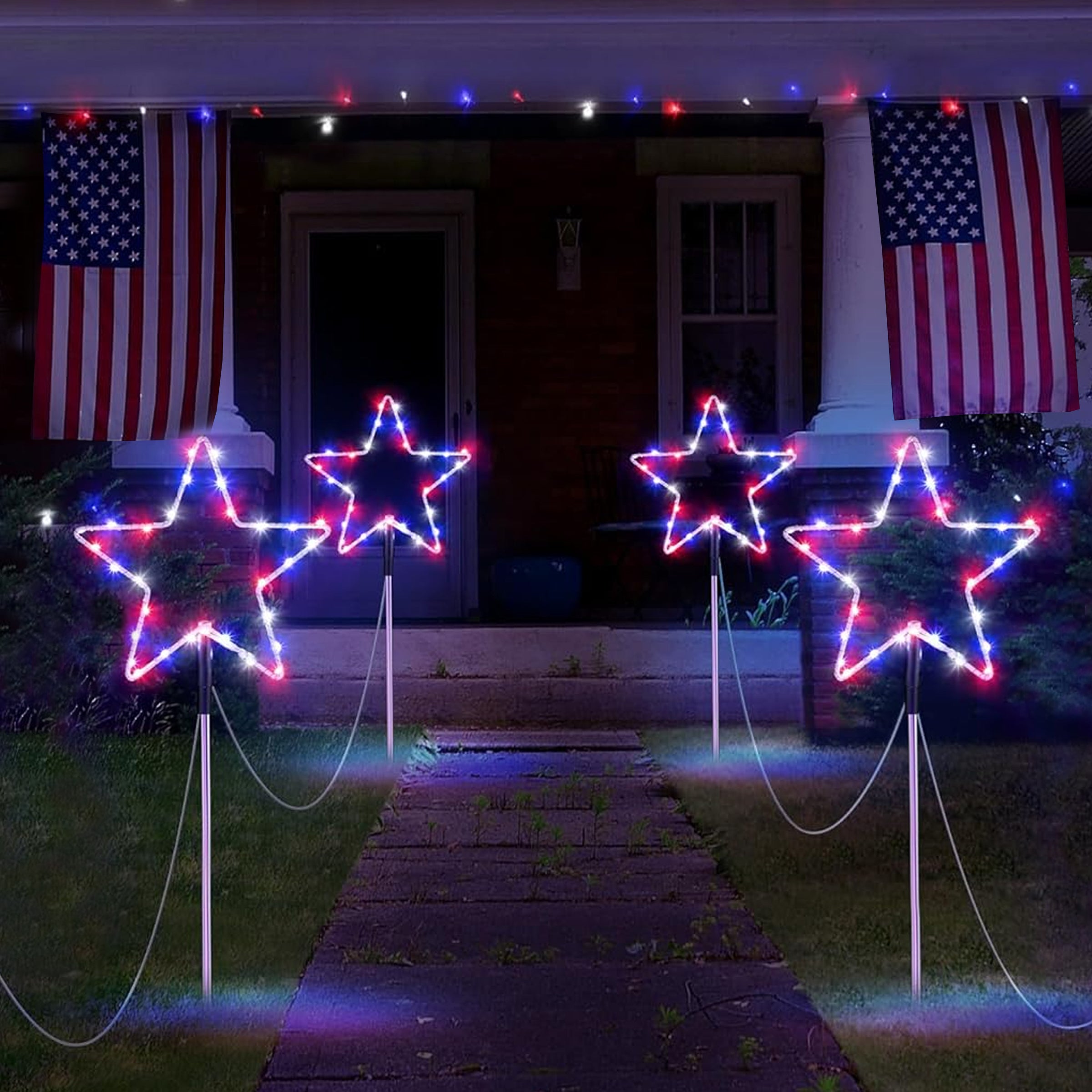 Solar Lights featuring red, white, and blue LED bulbs for patriotic outdoor decoration, ideal for Memorial Day and Independence Day.